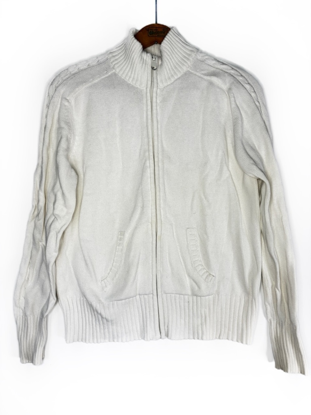 100% Cotton Cream Zip Cardigan Sweater Jacket by Vertical Design -M-